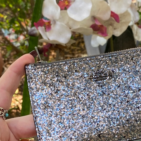 Coach Navy Blue Leather & Silver Glitter Compact Slim Wallet - Picture 12 of 16